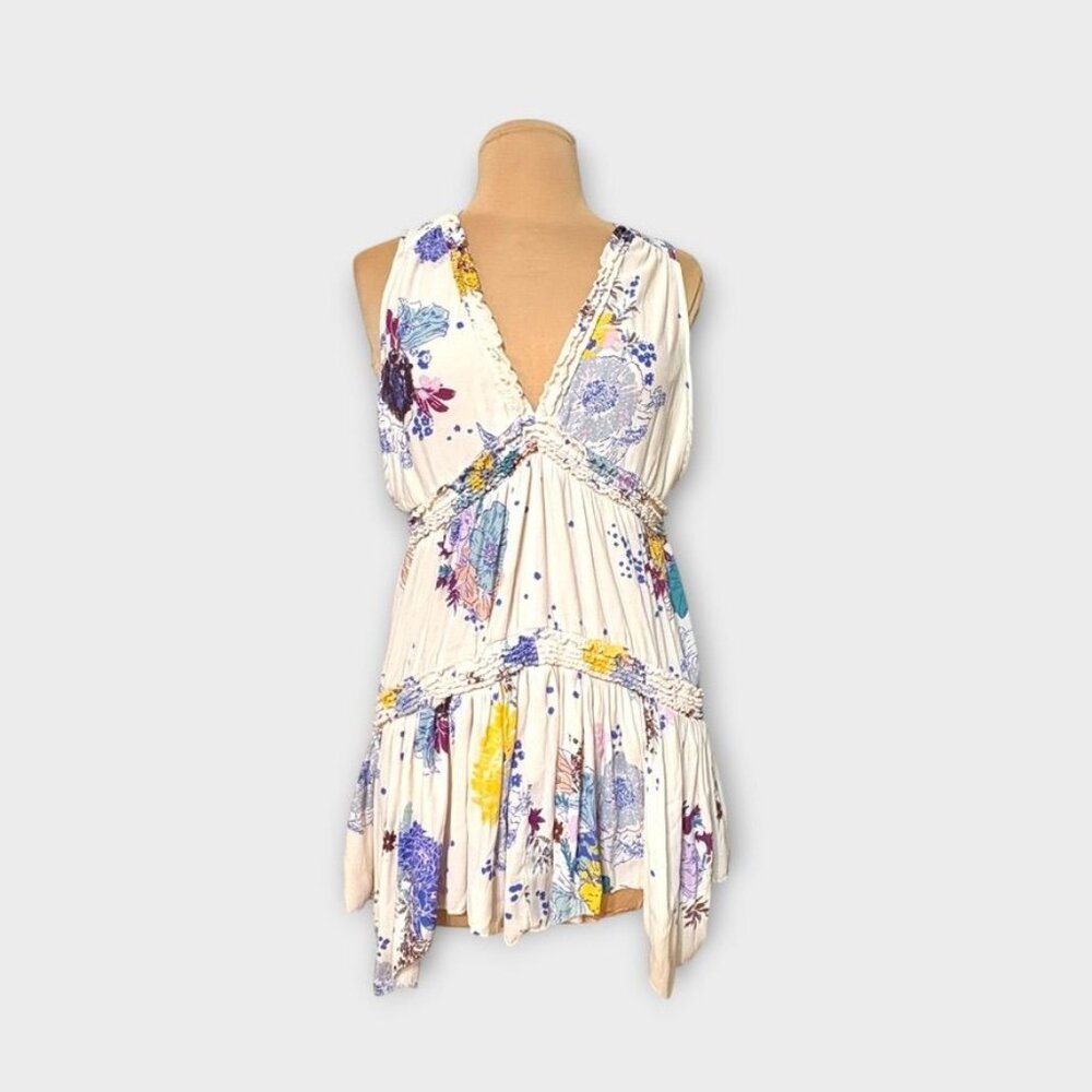Free People Ruffle Tunic Top XS Purple Haze Floral Tiered Cream Multi Floral